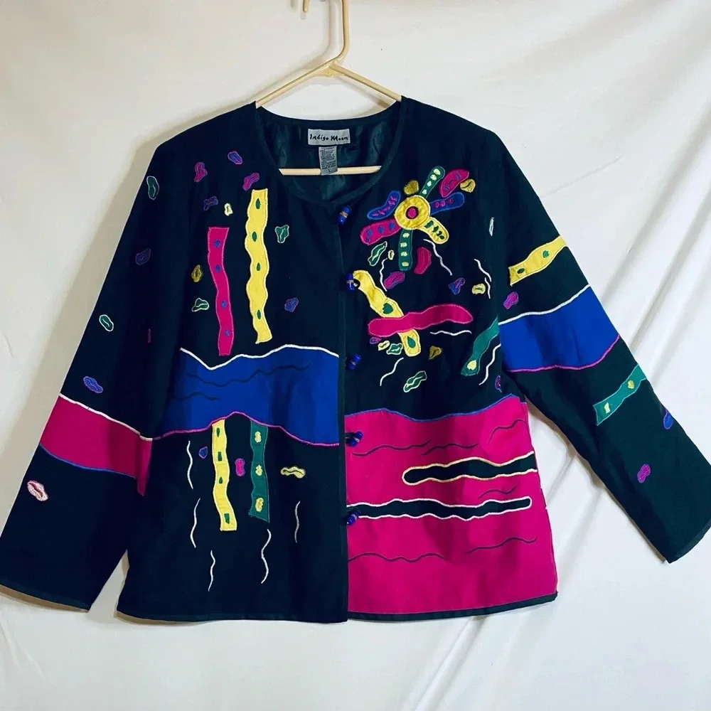 Indigo Moon Patchwork Embroidered Jacket, Black, Multicolor, Size L